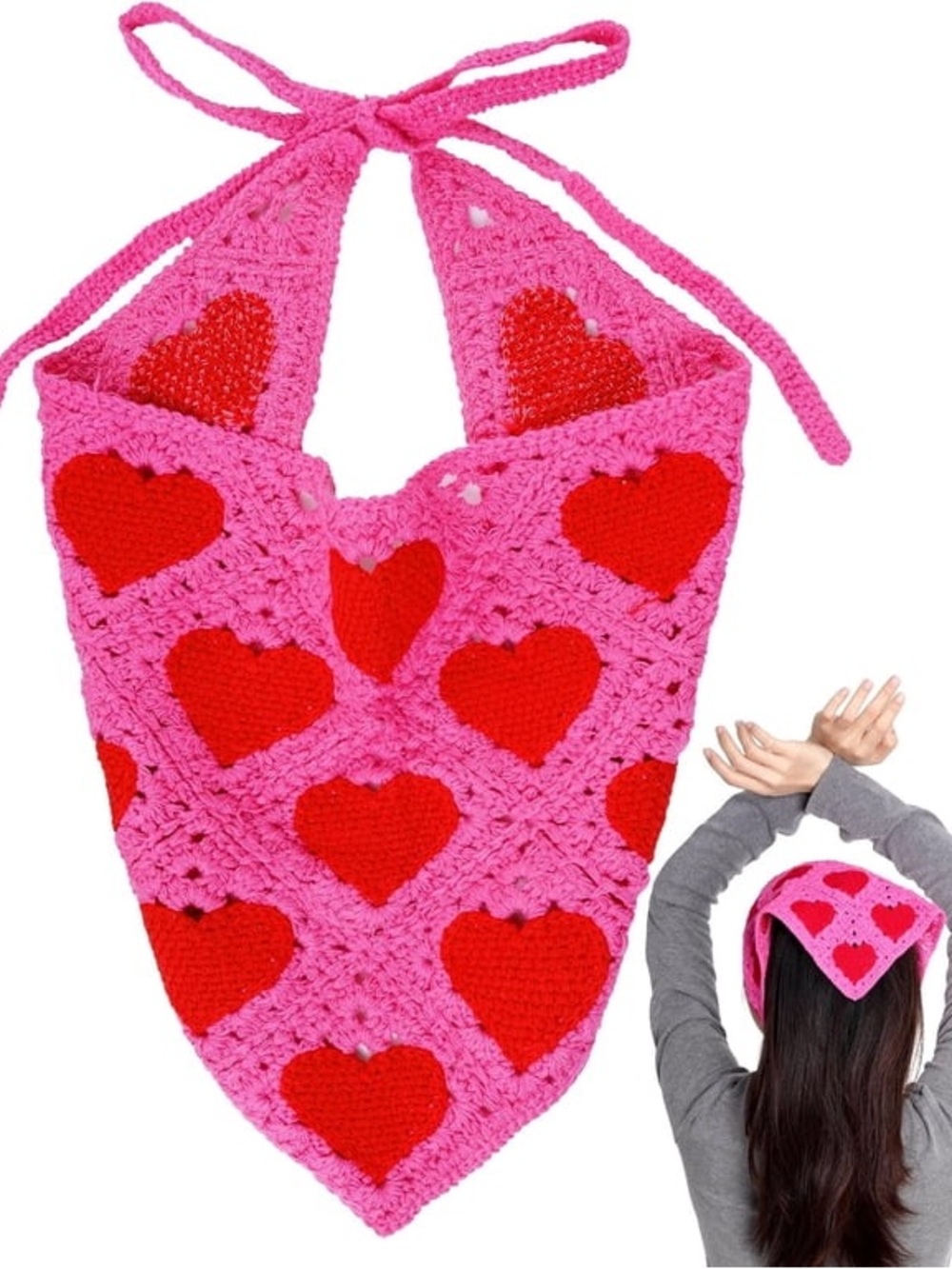 Pink & Red Heart Crochet Bandana Scarf